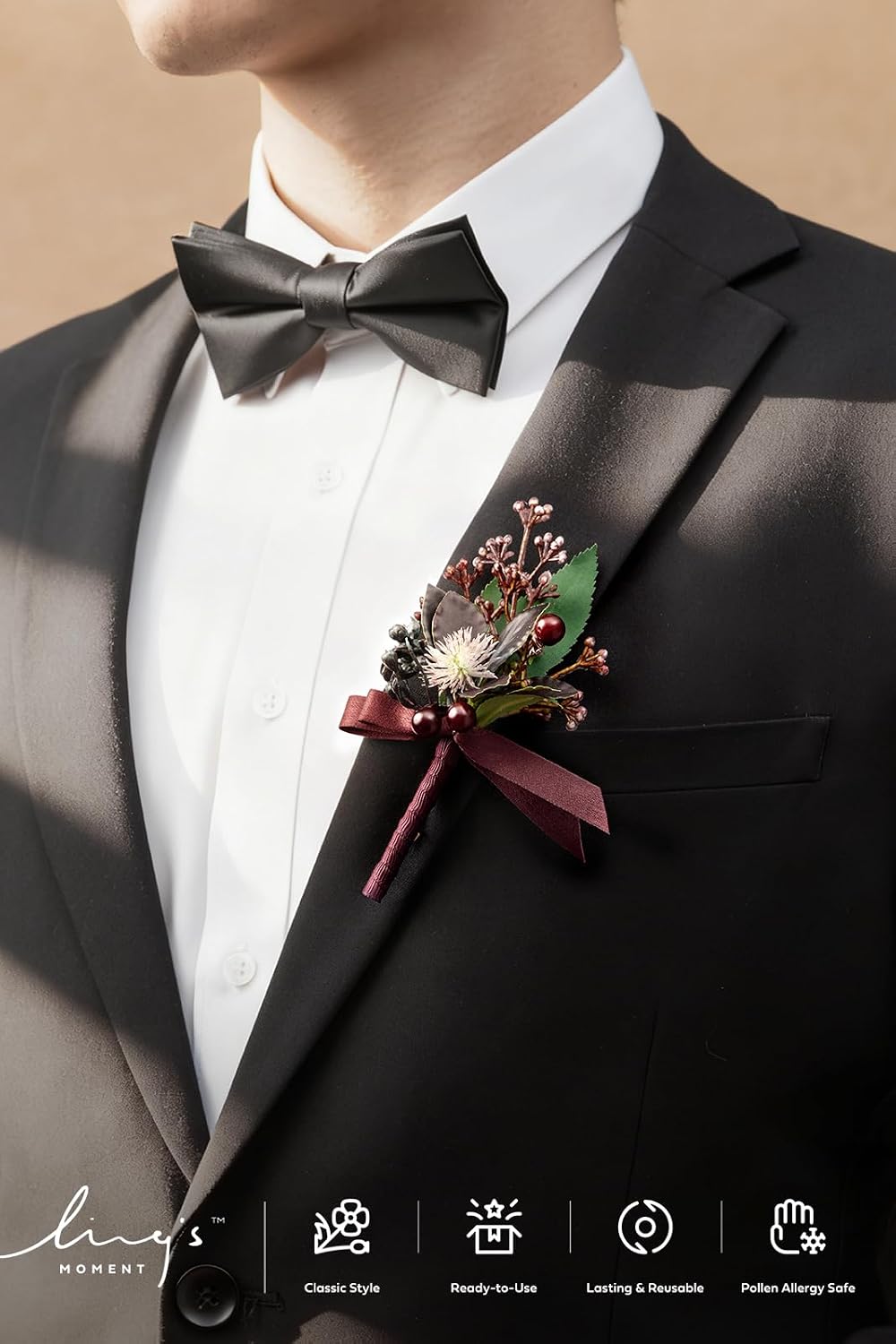 Ling's moment Boutonniere for Men, Black Baccara Burgundy, 10pcs