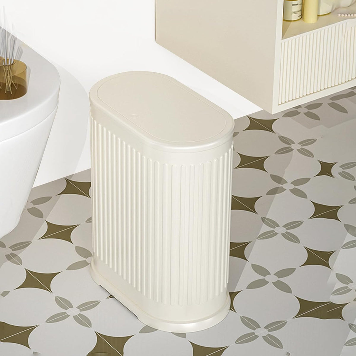 1.6 Gallon Trash Can with Lid, Small Bathroom Trash Can Wastebasket, Slim Garbage Can with Inner Bucket, Press Top Lid Garbage Container Bin for Kitchen, Home, Office, Bedroom, Living Room