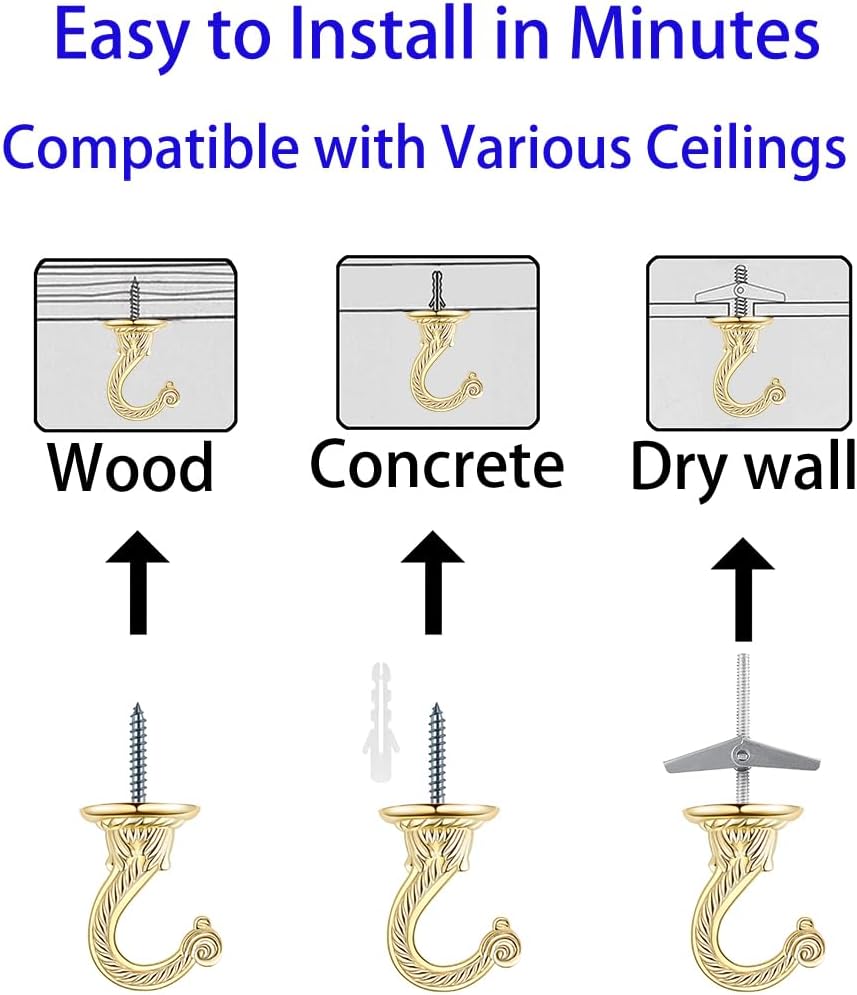 Heavy Duty Ceiling Hooks, Hanging Plants & Baskets (6, Gold)