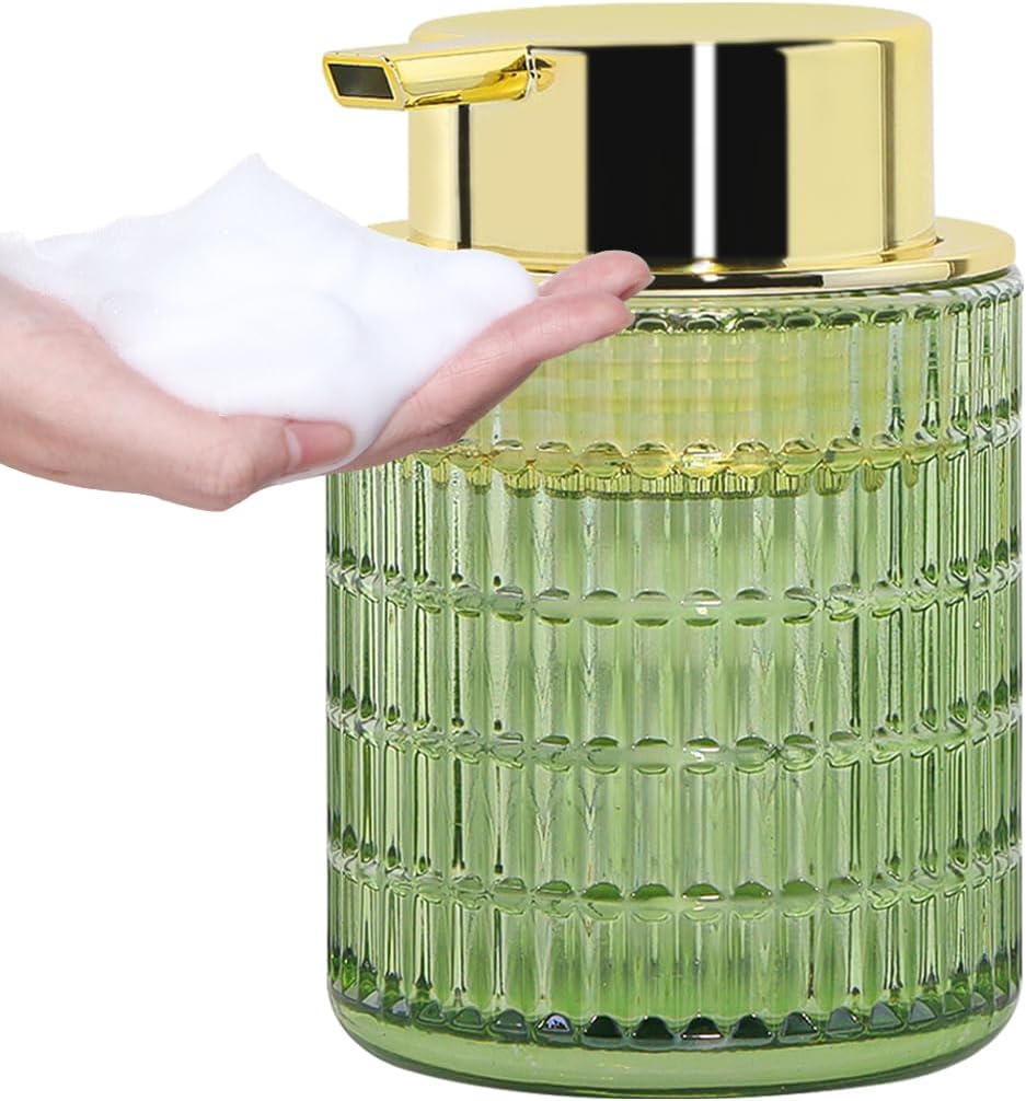 Foam Soap Dispenser, Green Glass Foaming Soap Dispenser, 10 Oz Refillable Hand Soap Dispenser Liquid Lotion Pump Container Ribbed Bottle for Bathroom Countertop Decor