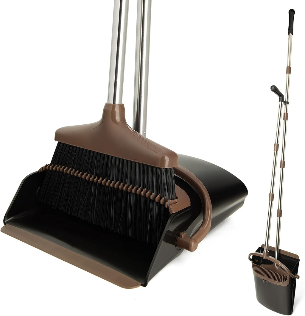 Broom and Dustpan Set with Long Handle, Light Weight Stainless Steel Poles Stand Upright Dustpans with Broom Combo for Home Kitchen Office Pet Dog Hair, 1-Pack (Black Brown)