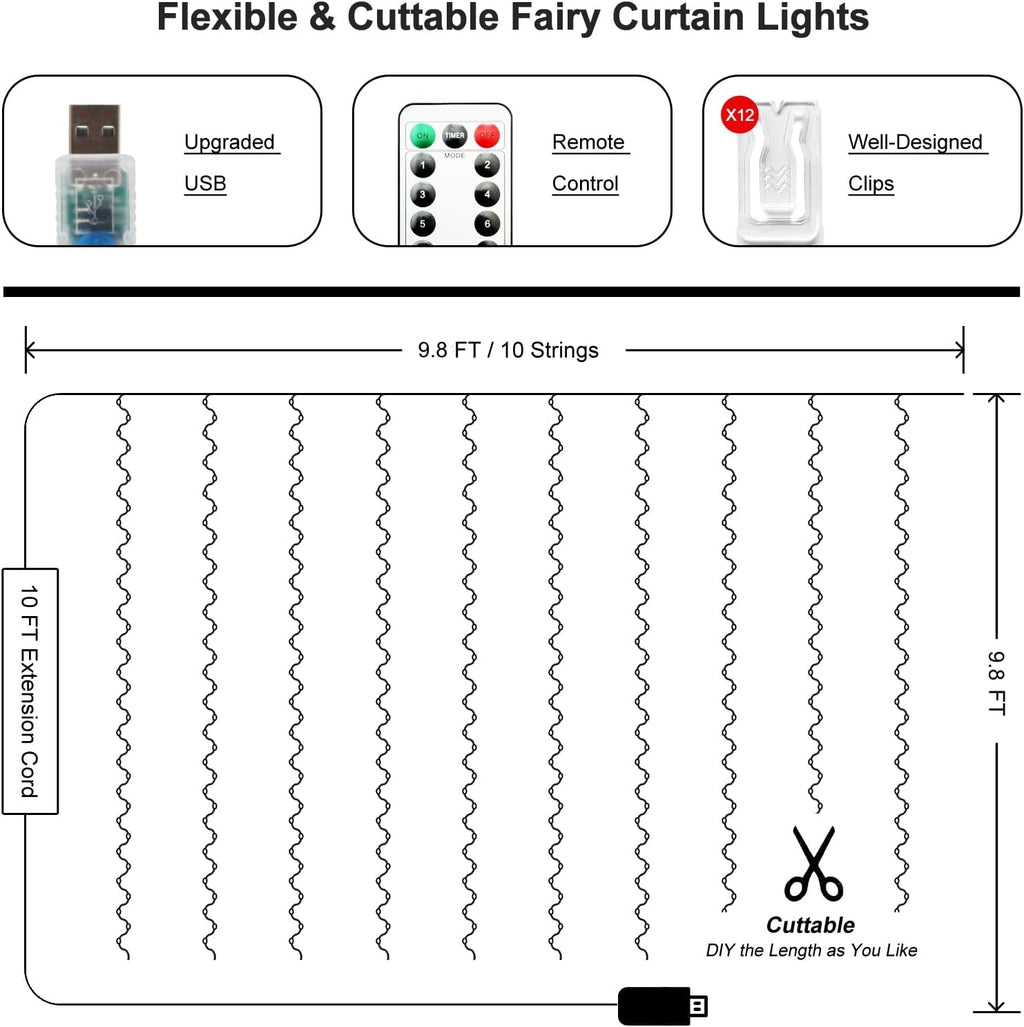 300 LED Fairy Curtain Lights, 9.8 x 9.8FT Warm White USB Plug in 8 Modes Hanging Lights with Remote for Christmas, Bedroom, Indoor, Outdoor, Weddings, Party (Warm White)