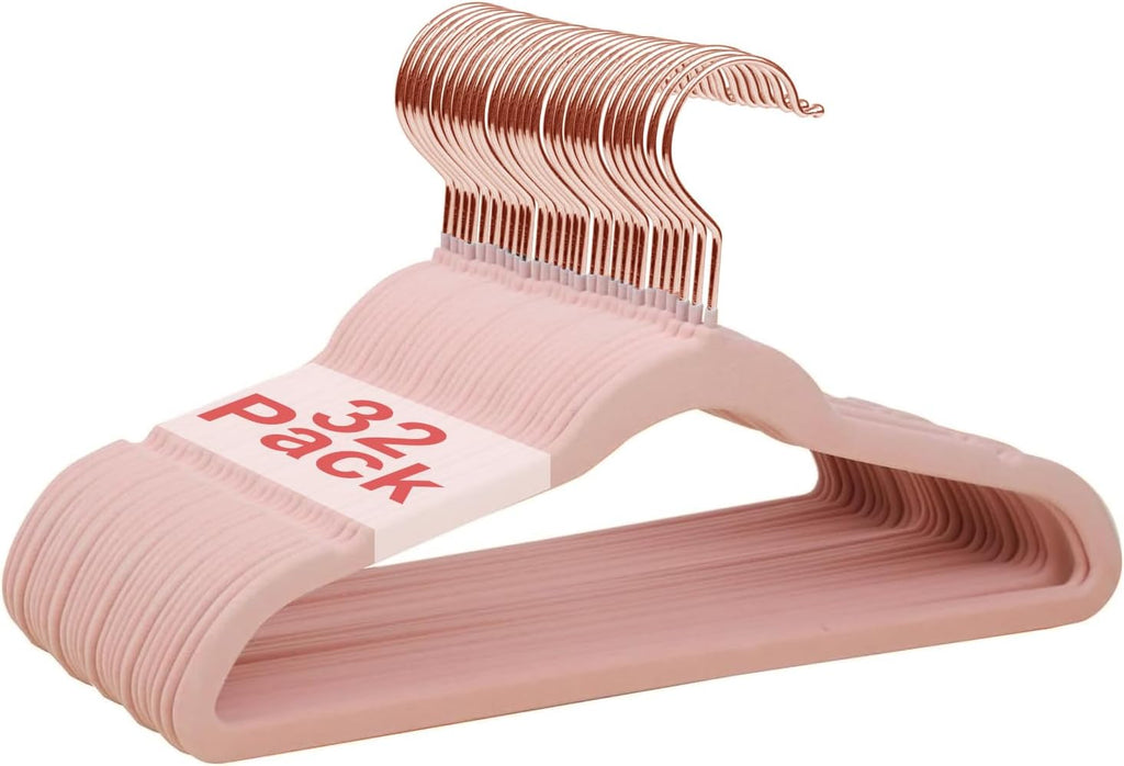 Baby Velvet Hangers, 32 Packs Kids Clothes Hangers, Non-Slip Childrens Hangers with Shoulder Notches, Storage Organizer for Infant and Toddler, 11 Inch, 0.2 Inch Slim, Rose Gold Hook, Pink