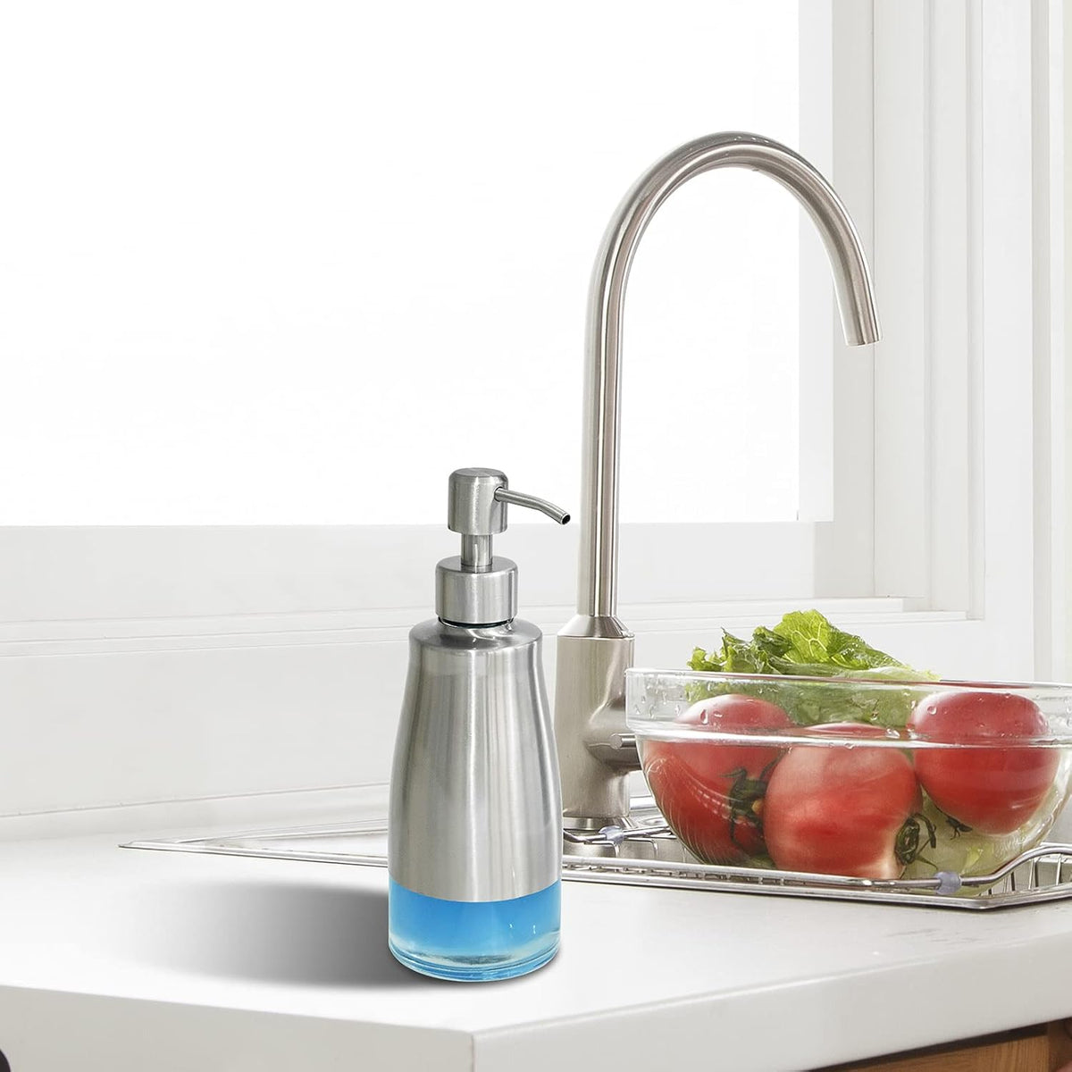 AUMIO Dish Soap Dispenser with Stickers, Stainless Steel Body & Glass View