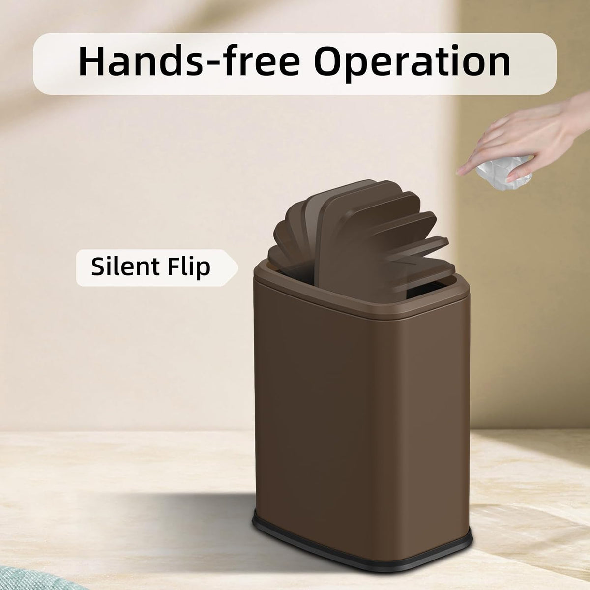 8L/2.1 Gallon Small Bathroom Trash Can with Lid, Swing-Top Rectangular Waste Bin, Stainless Steel Garbage Can for Home, Office, Toilet, Bedroom, Living-Room (Brown)