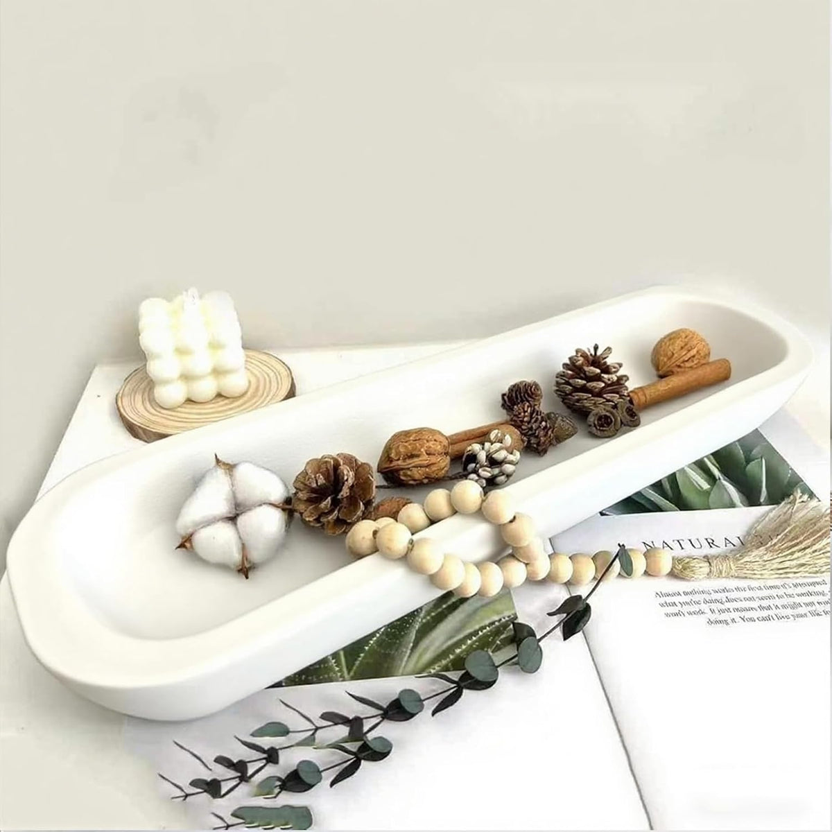 Wooden Dough Bowl Decor, Vintage Wooden Bowl Hand Carved Home Decor for Dining Table Center, Living Room, Kitchen Decor. (20in white)