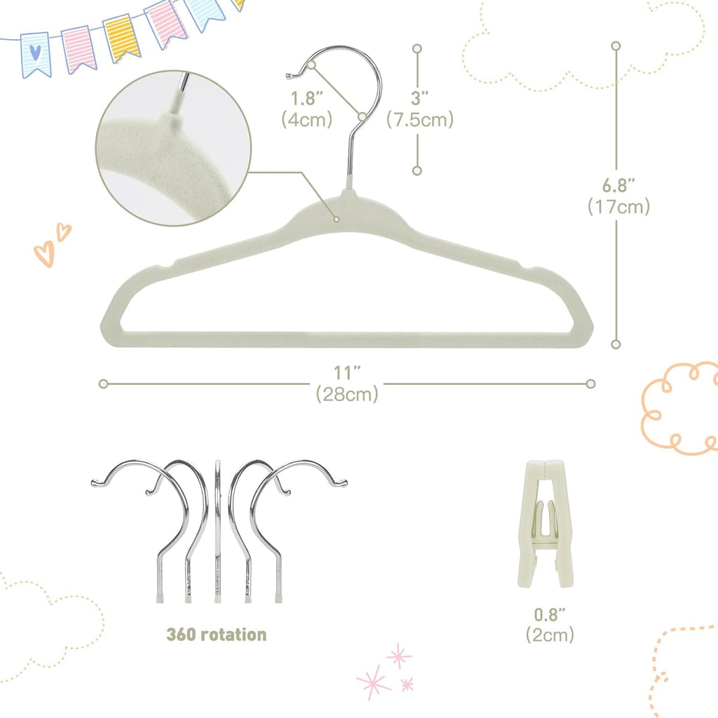 Babyrish Velvet Baby Hangers with Clips (30 Pack) | 11” Ultra-Slim Baby Clothes Hangers | Non-Slip Felt | Space-Saving Nursery & Infant Closet Organizer | Beige