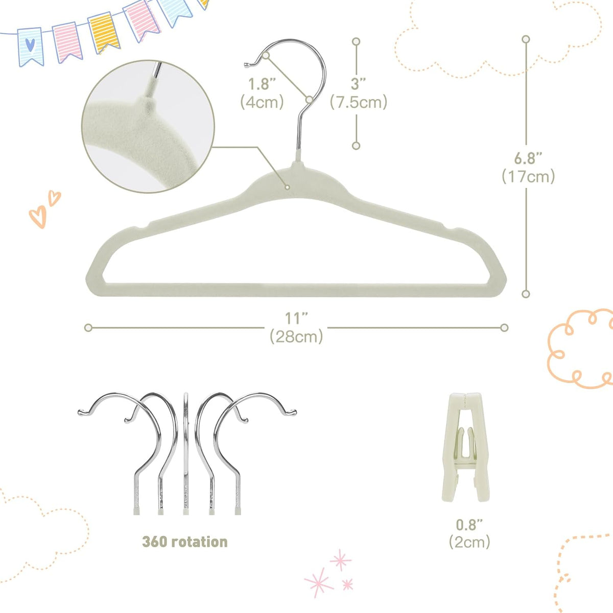 Babyrish Velvet Baby Hangers with Clips (30 Pack) | 11” Ultra-Slim Baby Clothes Hangers | Non-Slip Felt | Space-Saving Nursery & Infant Closet Organizer | Beige