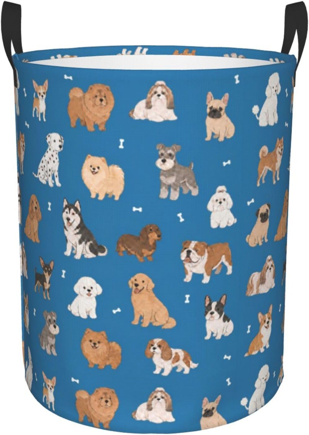 Cute Dog Animals Blue Round Laundry Hamper Storage Basket Toys Clothes Organizer Bin For Home Bathroom Bedroom Dorm Nursery, 38l