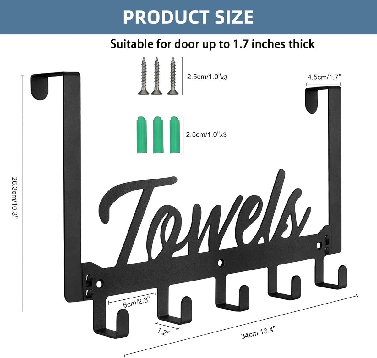 Azmoncy Over The Door Hooks, Towel Rack Towel Hooks for Bathroom, Towel Holder for Hanging Heavy Duty, Door Rack Over Door Hanger with 5 Coat Hooks for Bedroom Bathroom Kitchen, Black (Pack of 3)