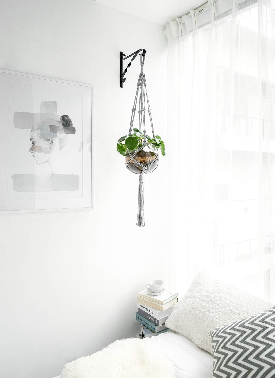 Mkono Macrame Plant Hangers Indoor Outdoor Hanging Planter Basket Cotton Rope 4 Legs 41 Inch, 1 Pack, Grey