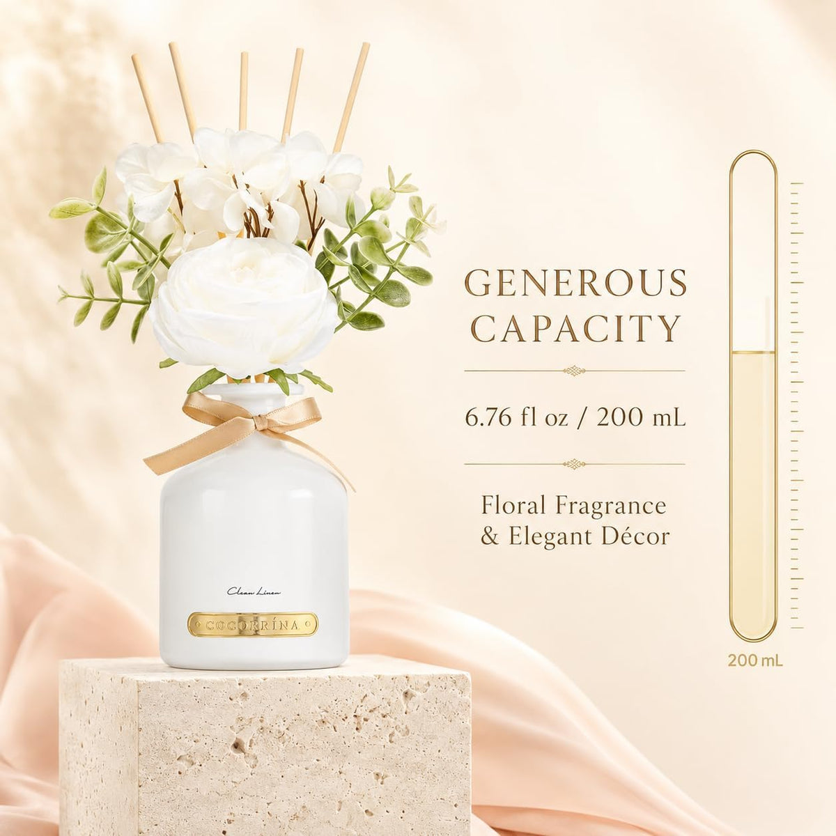 Cocorrína Clean Linen Flower Reed Diffuser Set, 6.7oz Home Fragrance with Sticks, Long Lasting Scented Diffuser for Bathroom, Bedroom, Living Room & Shelf Decor