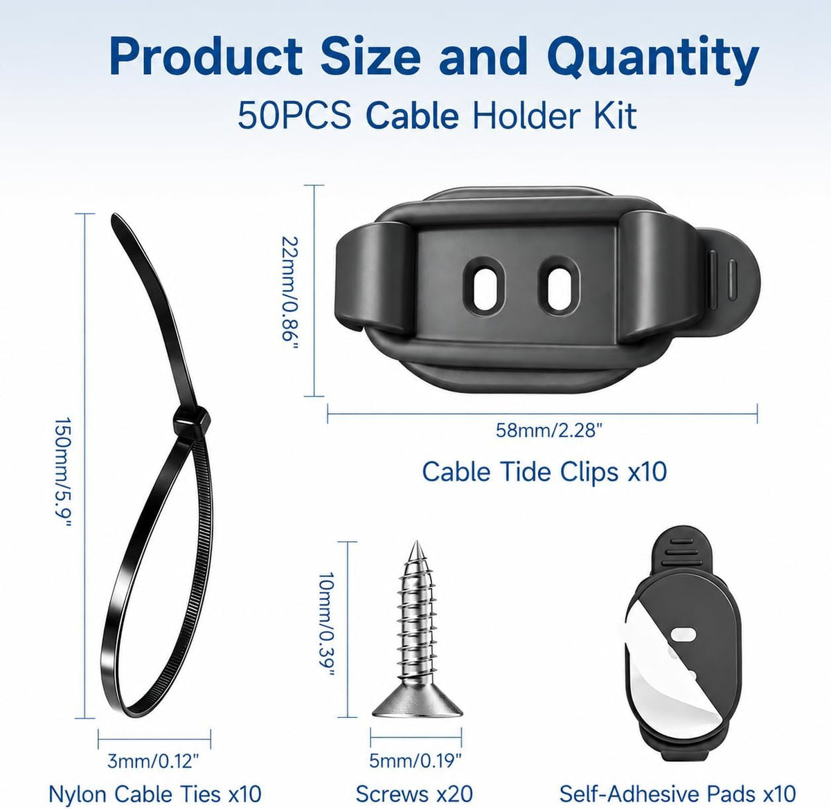 20 Sets Adjustable Cable Management Clips, Self Adhesive Cord Organizer with Elastic Loop, Reusable Cable Holder for Desk, Under Desk, Wall, TV, Office, Home, Charging Cables, USB, HDMI, PC Wires