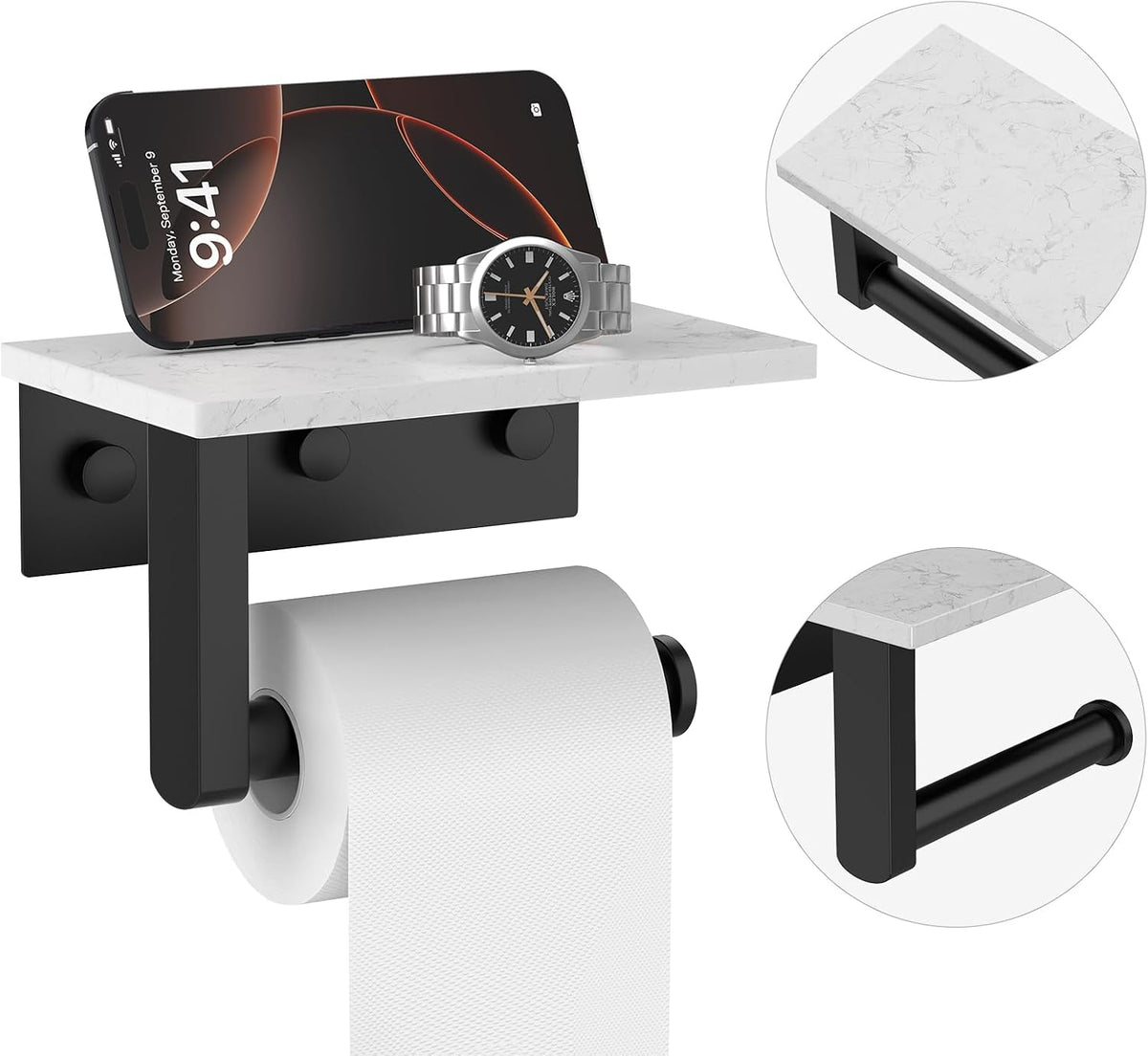 Matte Black Toilet Paper Holder with Marble Shelf Tissue Roll Holder