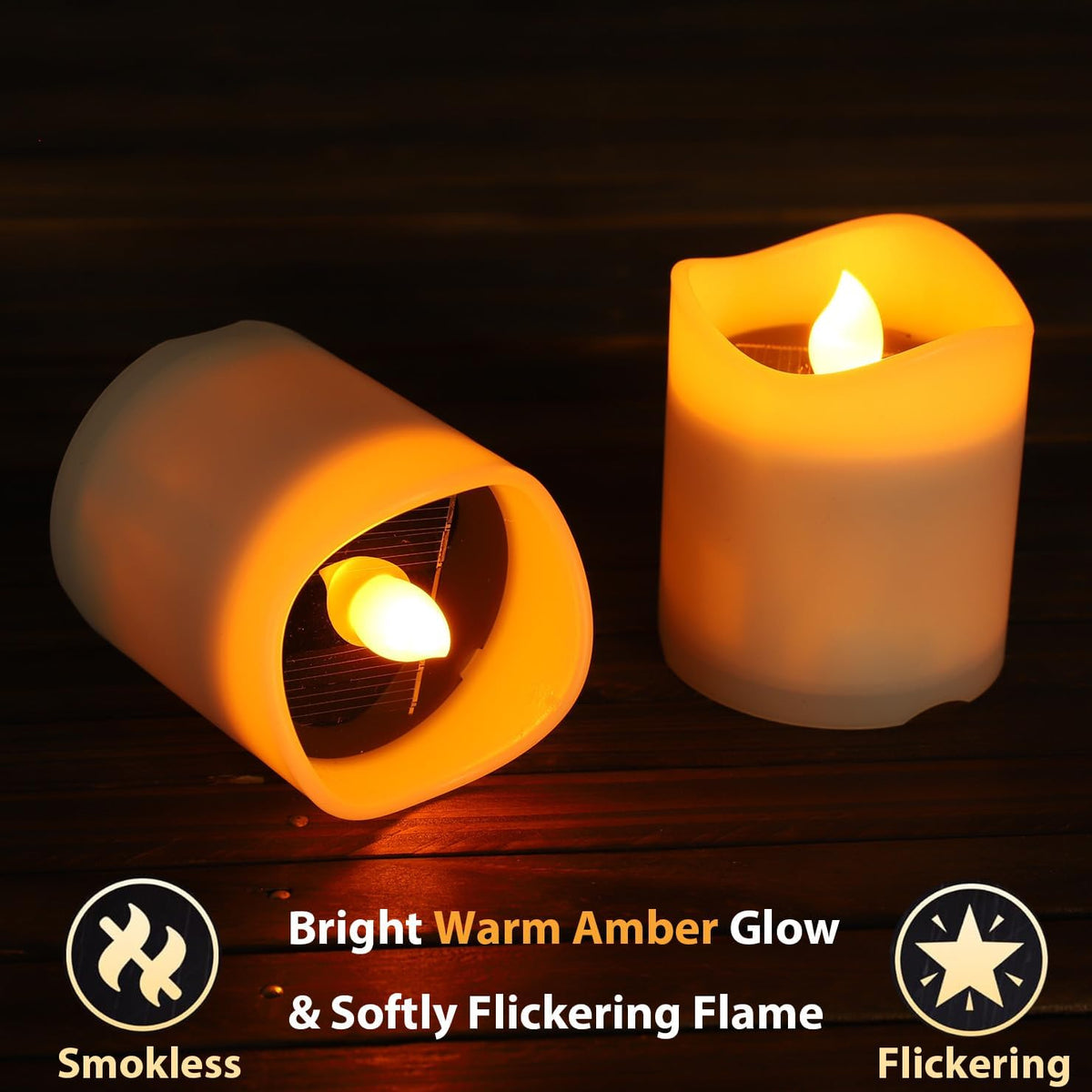 Solar Candles Outdoor Waterproof, 8pcs Rechargeable Dusk to Dawn Little Votive Candles, Flameless Flickering Solar Tea Lights for Patio Yard Deck Pathway Window Outdoor Lantern Decor (Warm Amber)