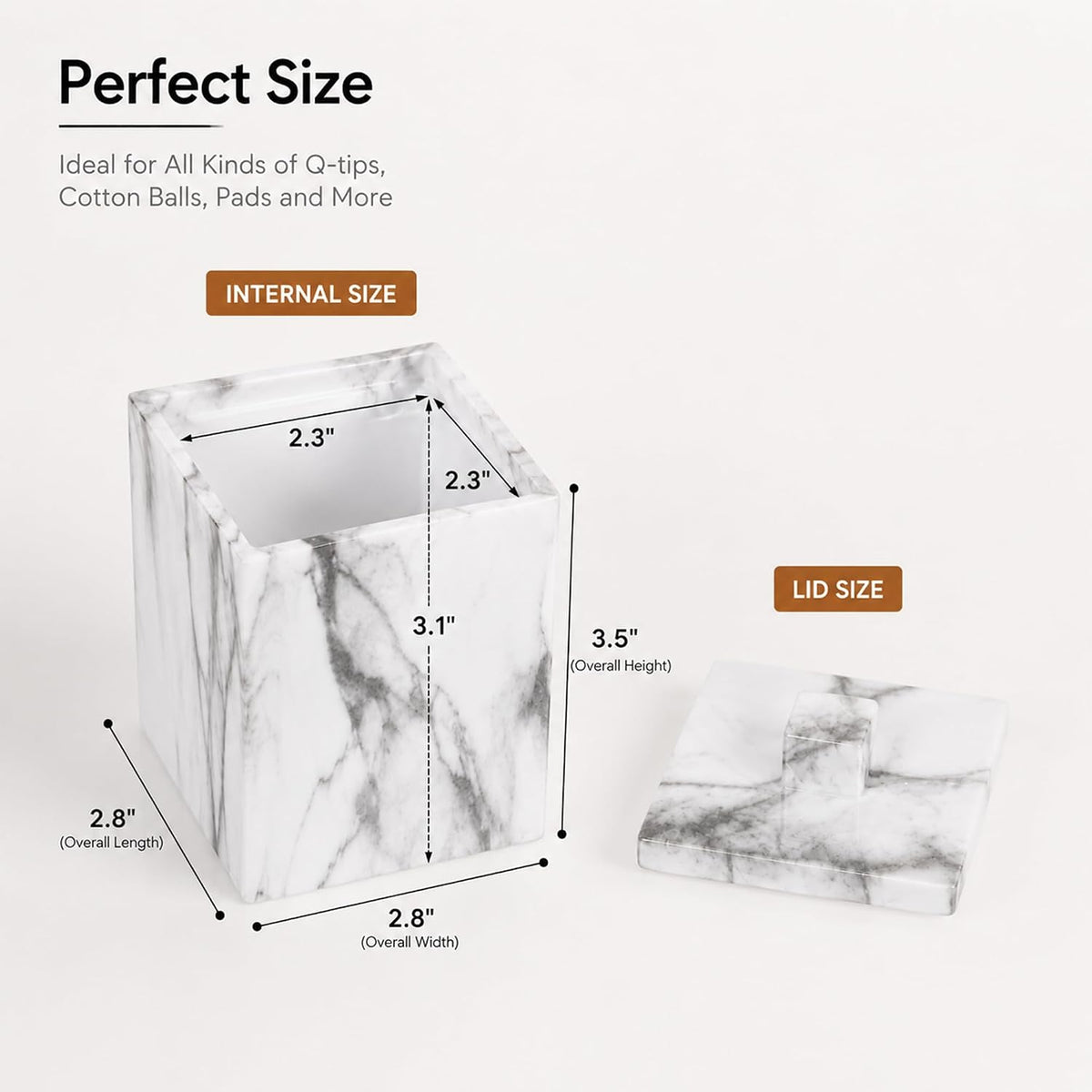 2-Pack Marble Pattern Cotton Swab Holders with Lids, Resin Bathroom Vanity Storage Jars, Square Qtip Containers for Cotton Balls, Pads, and More (White)