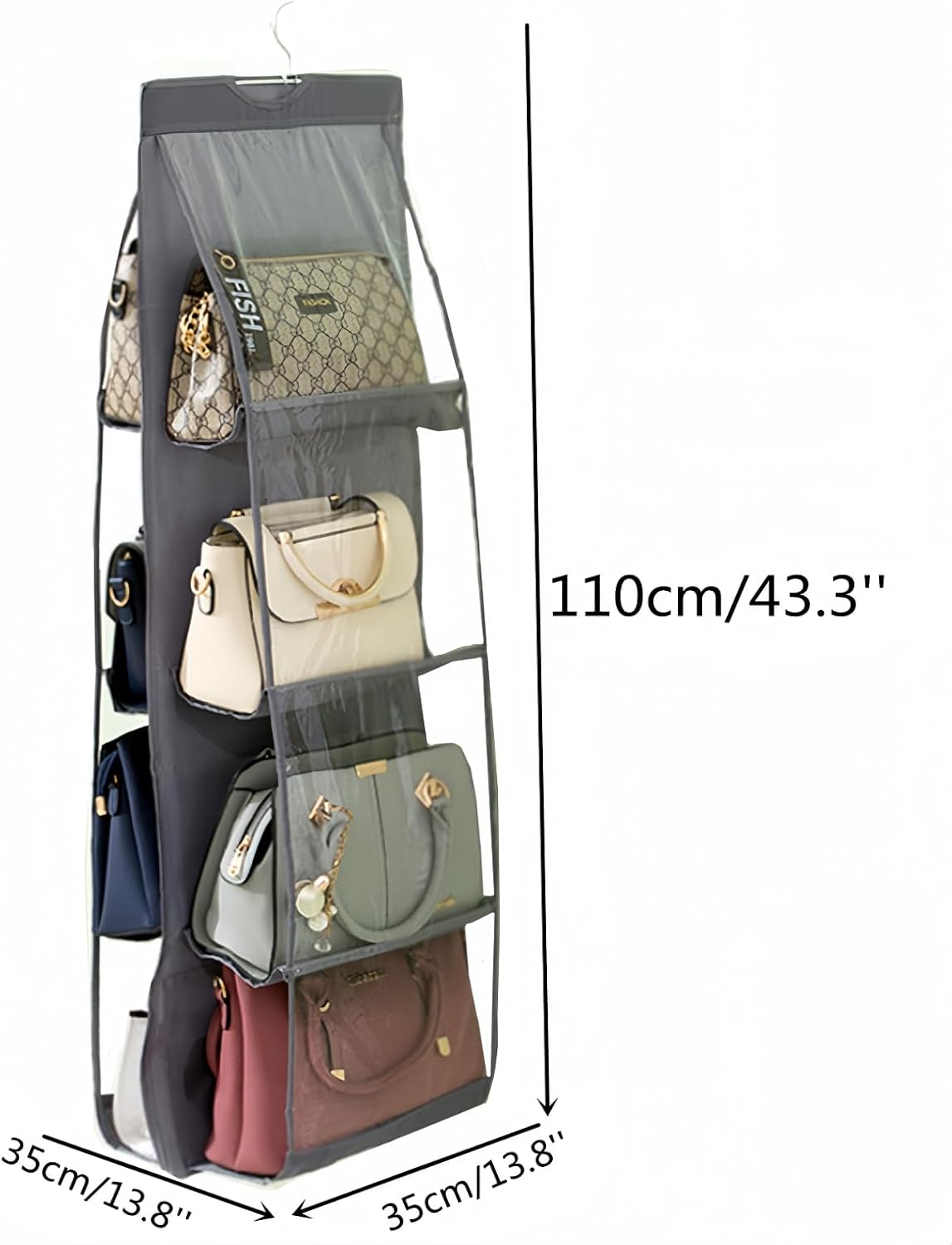 HAN SHENG 8-Pocket Clear Hanging Purse Organizer for Closet, Grey, 2 Pack