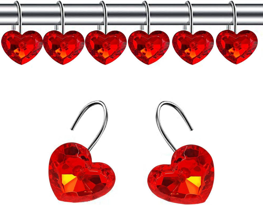 Grace life Set of 12 Heart Shape Clear Bling Rhinestone Shower Curtain Hooks Rings Love Icon Decorative Curtain Rod Hangers Pothook (Red)