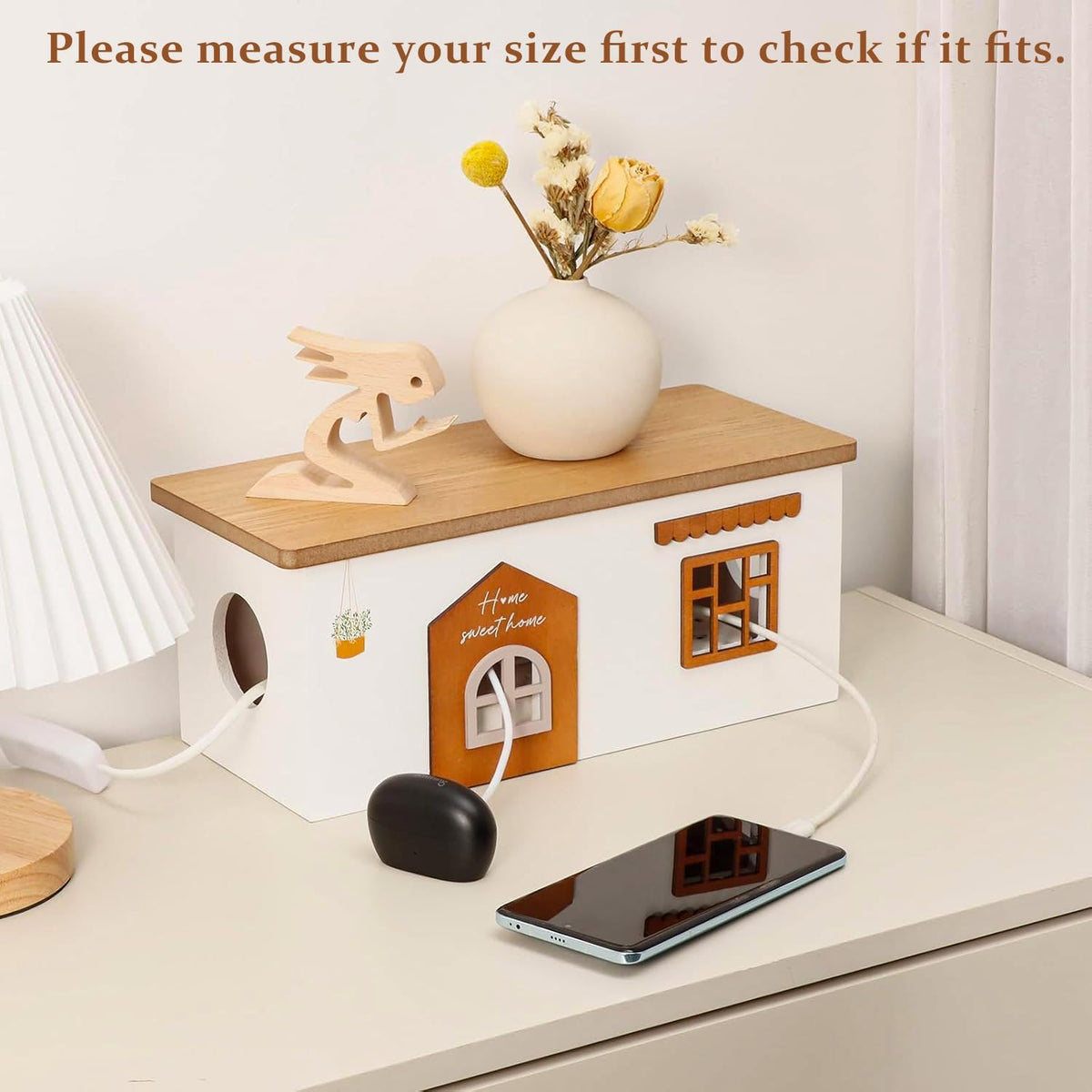 Cable Management Box, Wood Extension Cord Organizer, Handmade Power Strip Box for TV Computer Wire USB Hub System, Surge Protector Cord Hider Box on Desk or Floor (Medium)