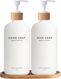 Vine Creations White Glass Soap Dispenser Set, Hand Soap and Dish Soap Dispenser Set with Bamboo Tray, 16 oz Glass Dispensers Bottle for Kitchen and Bathroom Decor Modern Boho with Bamboo Pump (White)