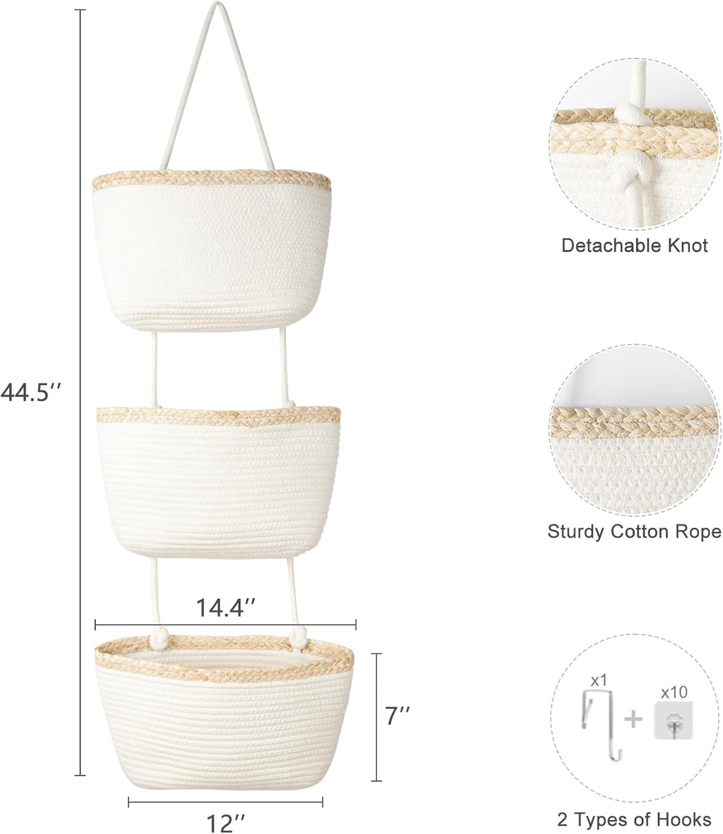 TeoKJ Over the Door Hanging Storage Basket Wall Organizer White&Light Brown