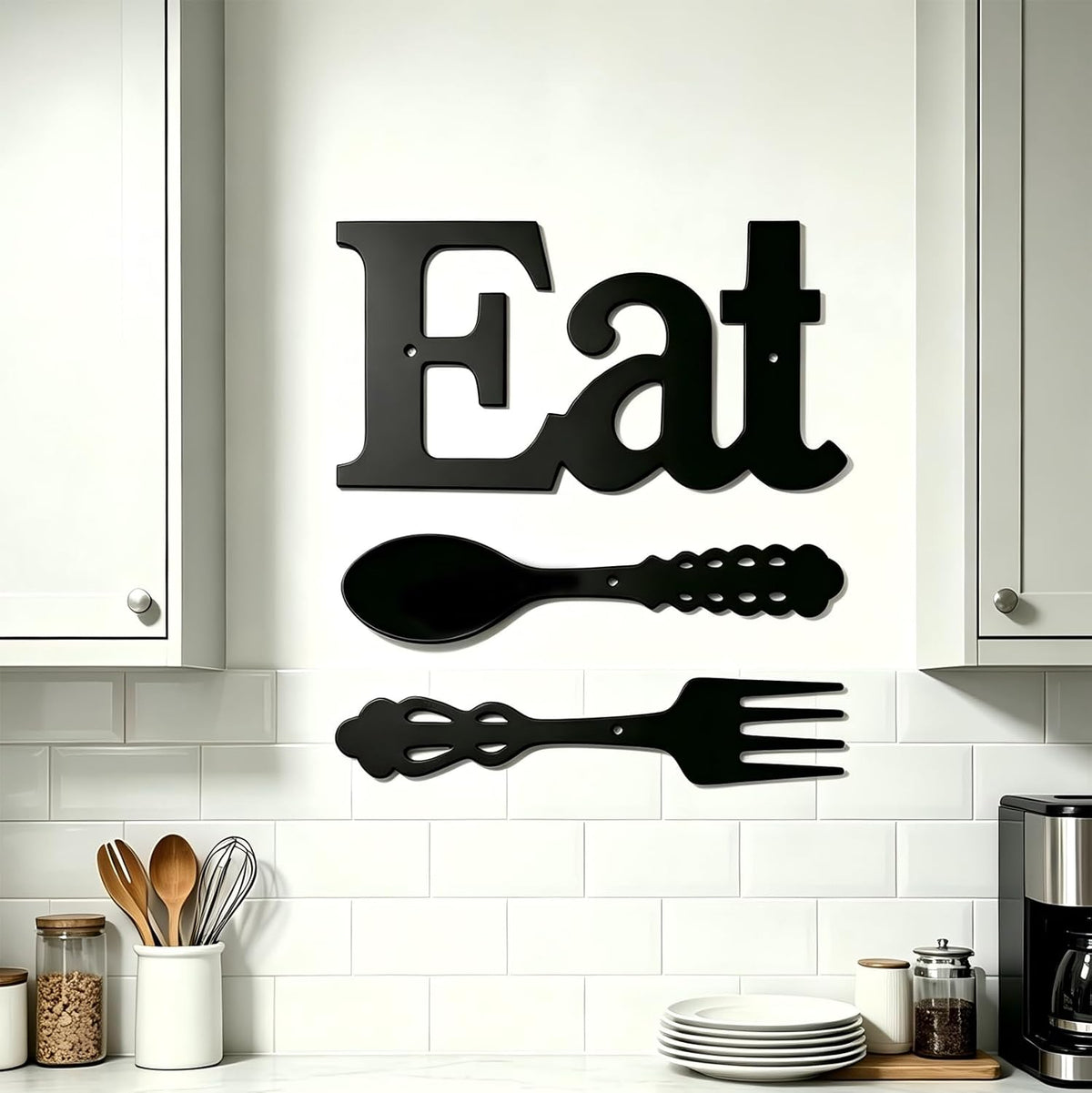 DUOOLN Metal Kitchen Eat Signs Wall Decor, Modern Kitchenware Line Art, Rustic Home Hanging Pictures Country Farmhouse Sign For Mardi Gras Easter Dining Room - Black