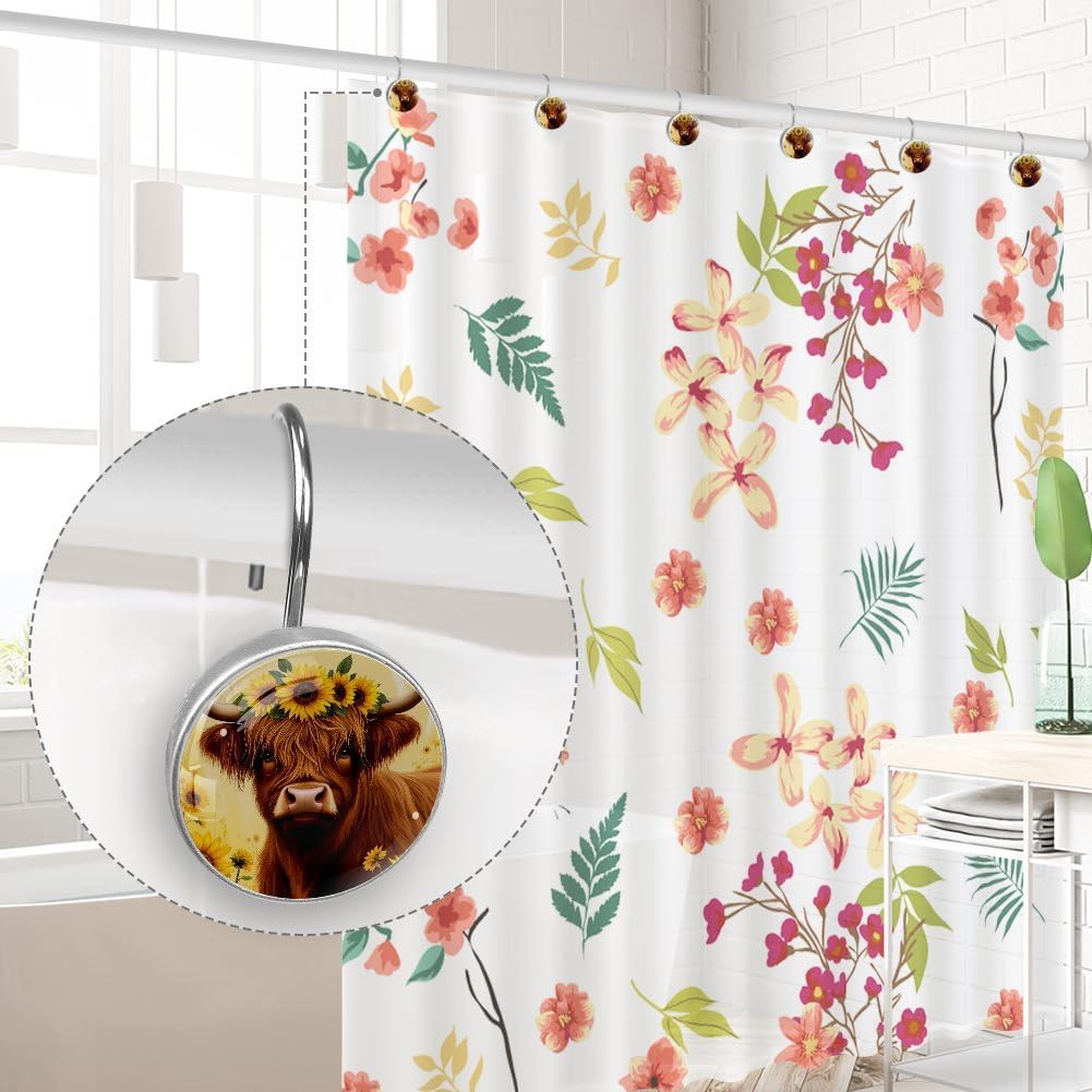 12 Pcs Sunflowers and Highland Cow Round Shower Curtain Hooks Stainless Steel Decorative Hanger Rings for Bathroom Kitchen Bedroom Curtain Rods