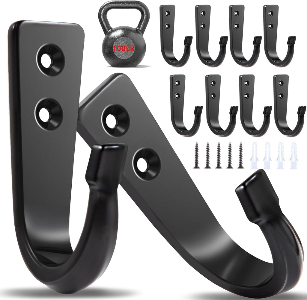 10Pcs Heavy Duty Wall Hooks for Hanging, Large Size Wall Hooks,Coat Hooks, for Backpacks, Coats, Cast Iron Pans and Other Heavy Items (Black Hooks)