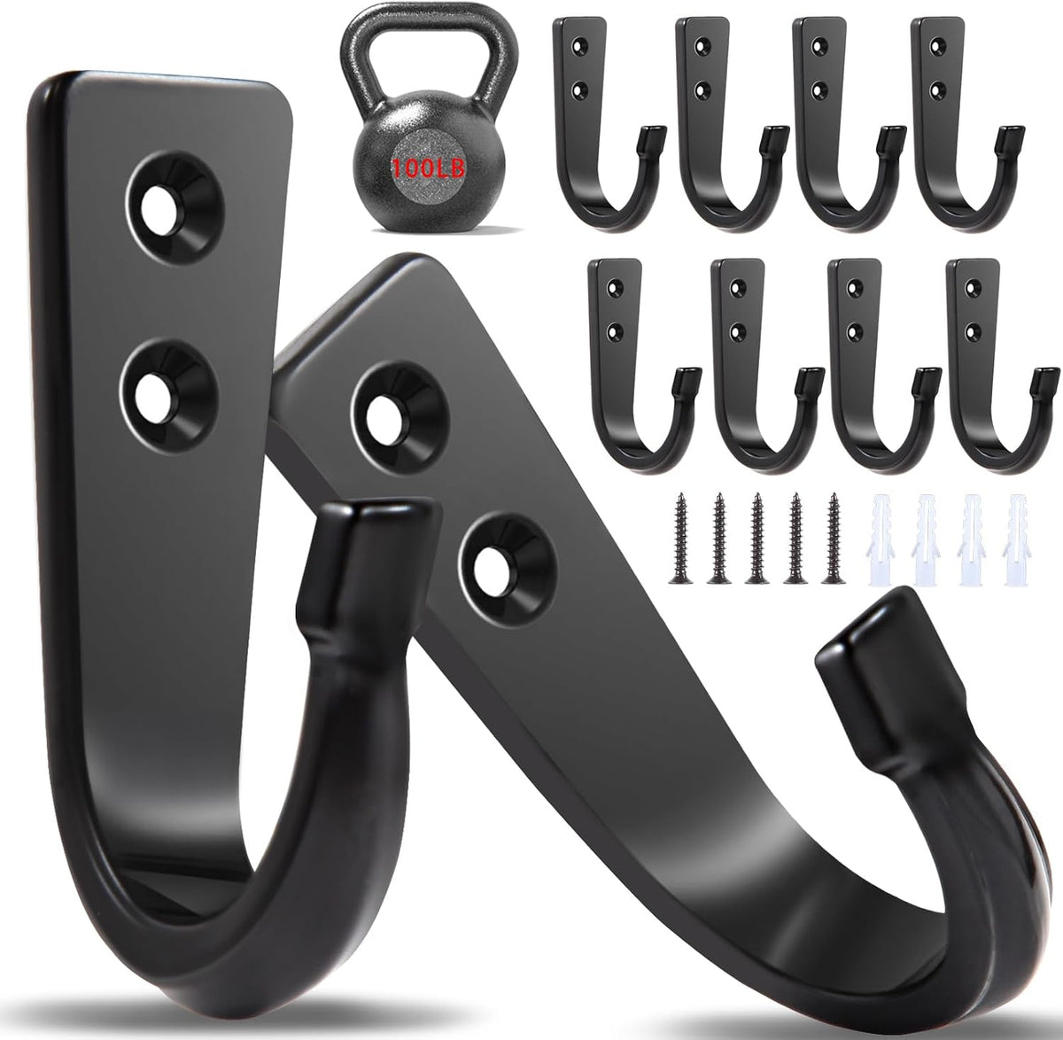 10Pcs Heavy Duty Wall Hooks for Hanging, Large Size Wall Hooks,Coat Hooks, for Backpacks, Coats, Cast Iron Pans and Other Heavy Items (Black Hooks)