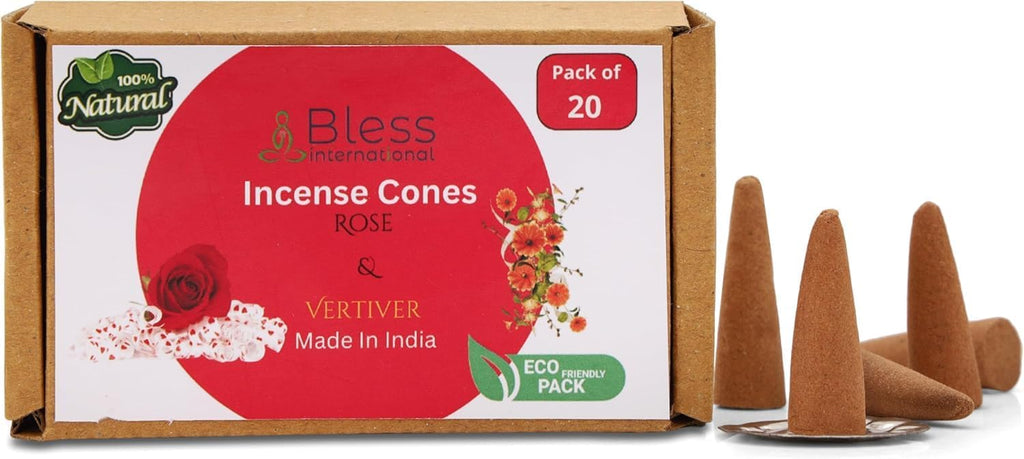 Bless International Rose and Vertiver 100%-Natural-Incense-Cones Handmade-Hand-Dipped Organic-Chemicals-Free for-Purification-Relaxation-Positivity-Yoga-Meditation (20 Count)