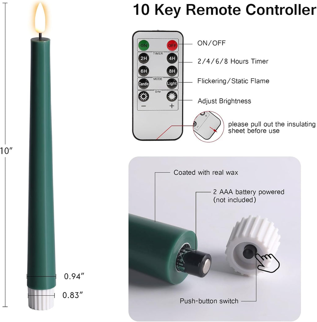 Eywamage Real Wax Green Flameless Taper Candles with Remote Set of 6