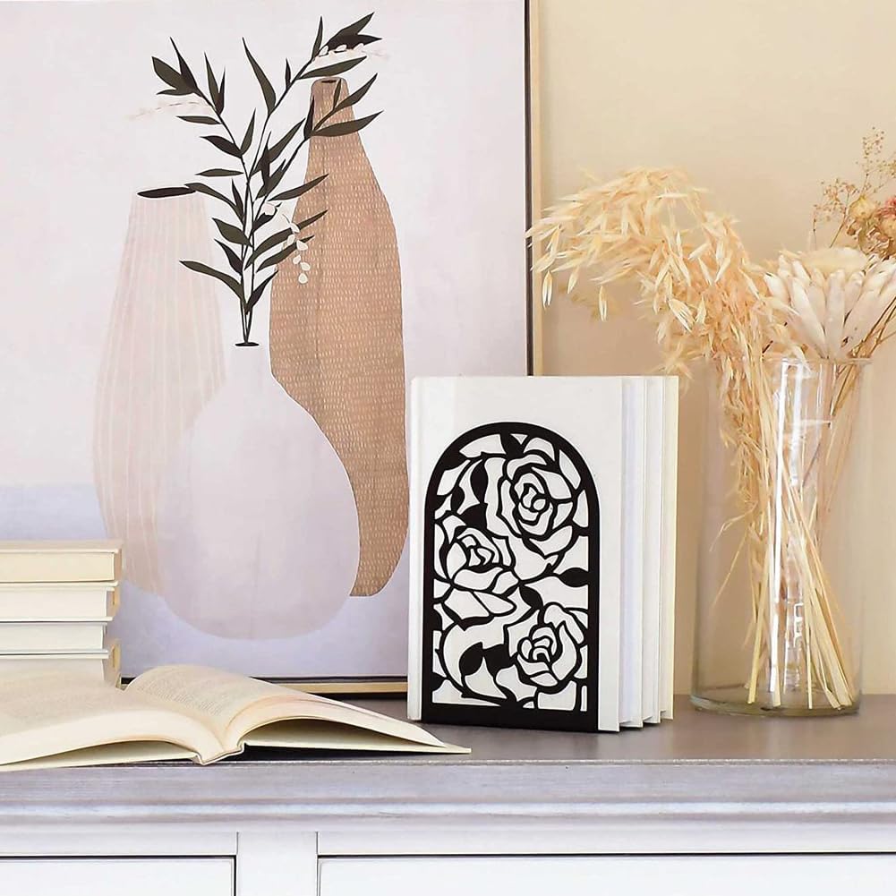Elegant Rose Bookends Hollow-Out Rose Flower Book Ends Shelves Organizer Metal Book Stands Journal Book Holder Reading Room Decorative Bookends Library Book Stoppers for Office Home School (Black)