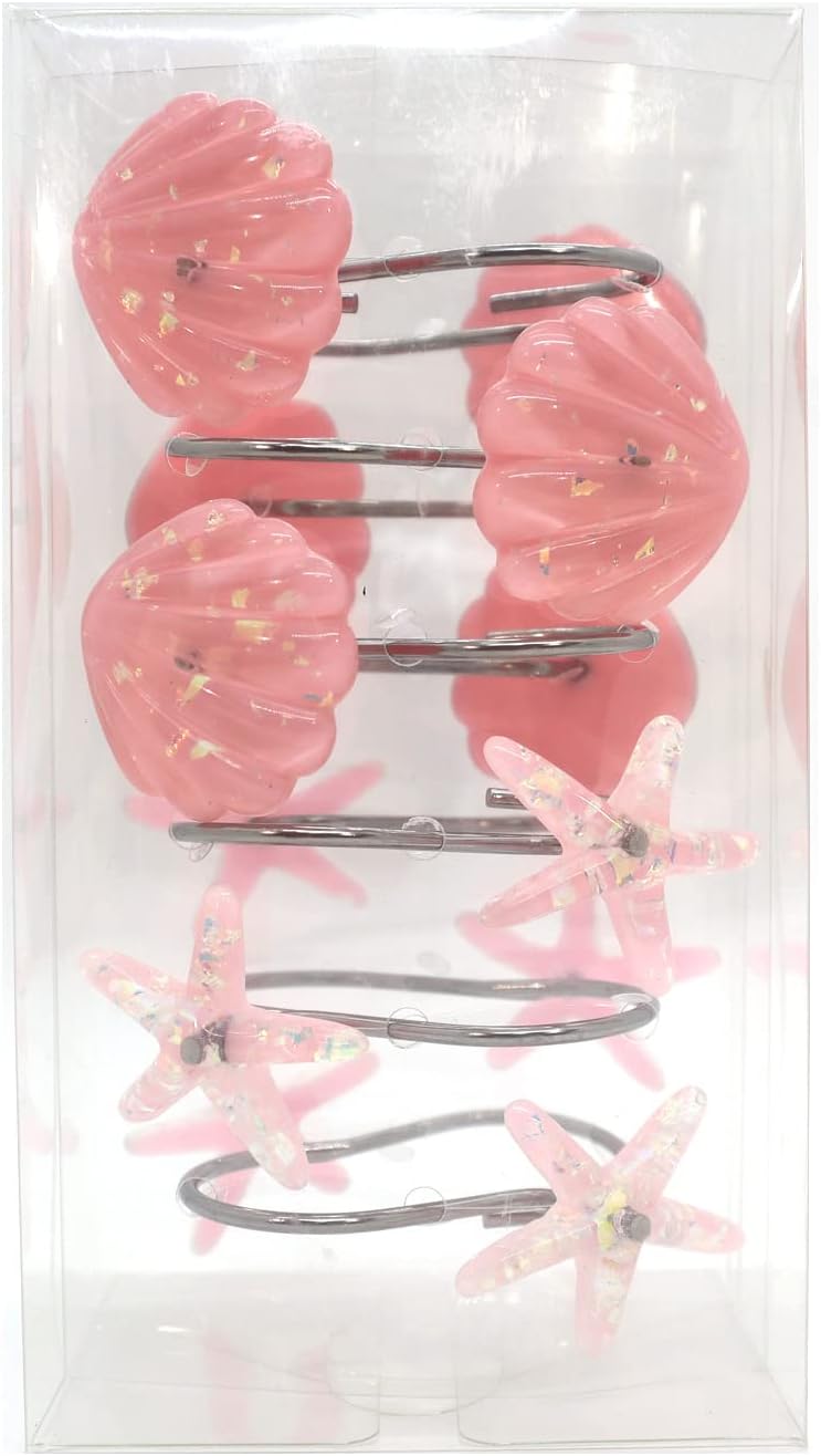 Seashell Shower Curtain Hooks, 12PCS Stainless Steel Anti Rust Starfish and Seashell Decorative Shower Hooks Ocean Theme Shower Curtain Hooks for Home Bathroom (Pink Seashell)