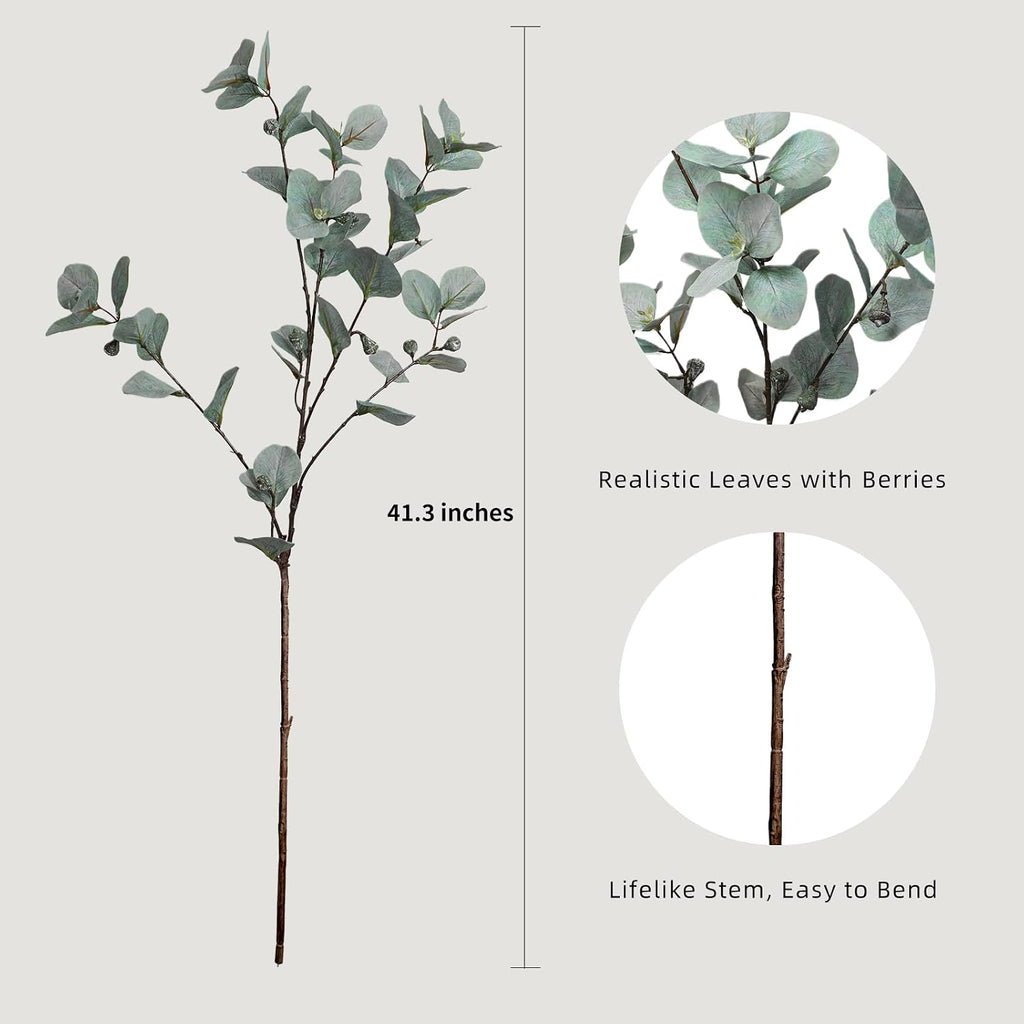 KBREE 41.3" Eucalyptus Stems, 3 Pcs Faux Eucalyptus with Seed Pods, Extra Long Artificial Greenery Stems for Tall Vase, Home, Wedding & Office (Silver Blue Green)