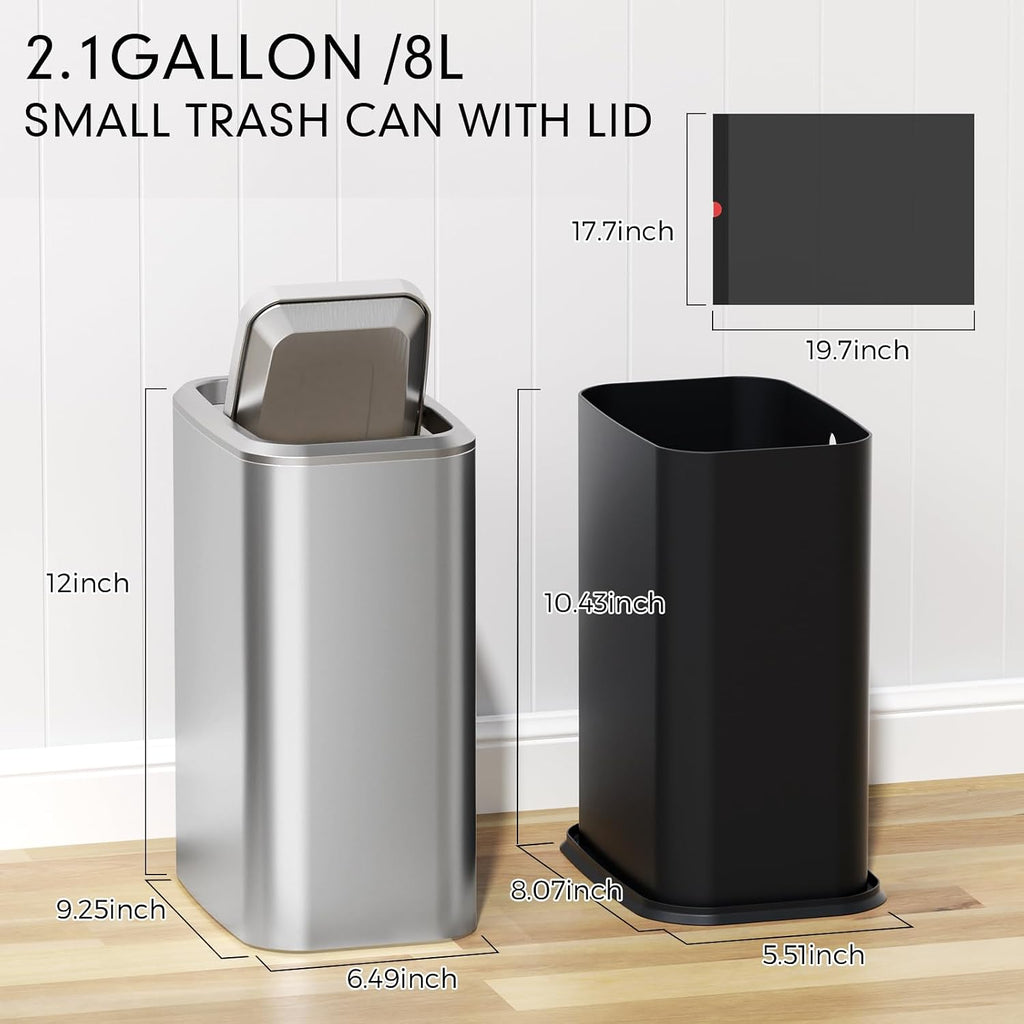 Bathroom Trash Can with Lid 8L/2.1 Gallon Silver Trash Can Small Garbage Can with Swing Top Lid Slim Stainless Steel Garbage Can with 100 Counts Trash Bags for Bathroom Bedroom Kitchen Office Toilet