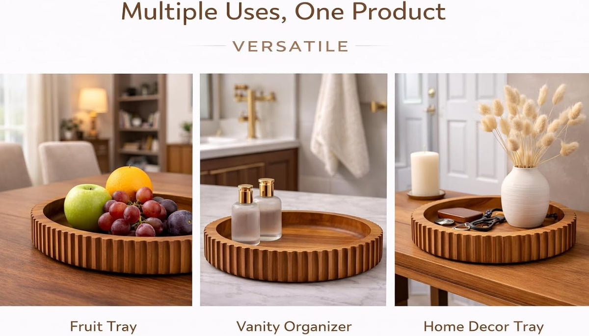 Acacia wood fruit bowl, 12" X 2" Large Fruit bowl for kitchen counter |Wooden bowl for entryway table or dining table centerpiece décor | Also use as keybowl or for candy (Natural Finish)