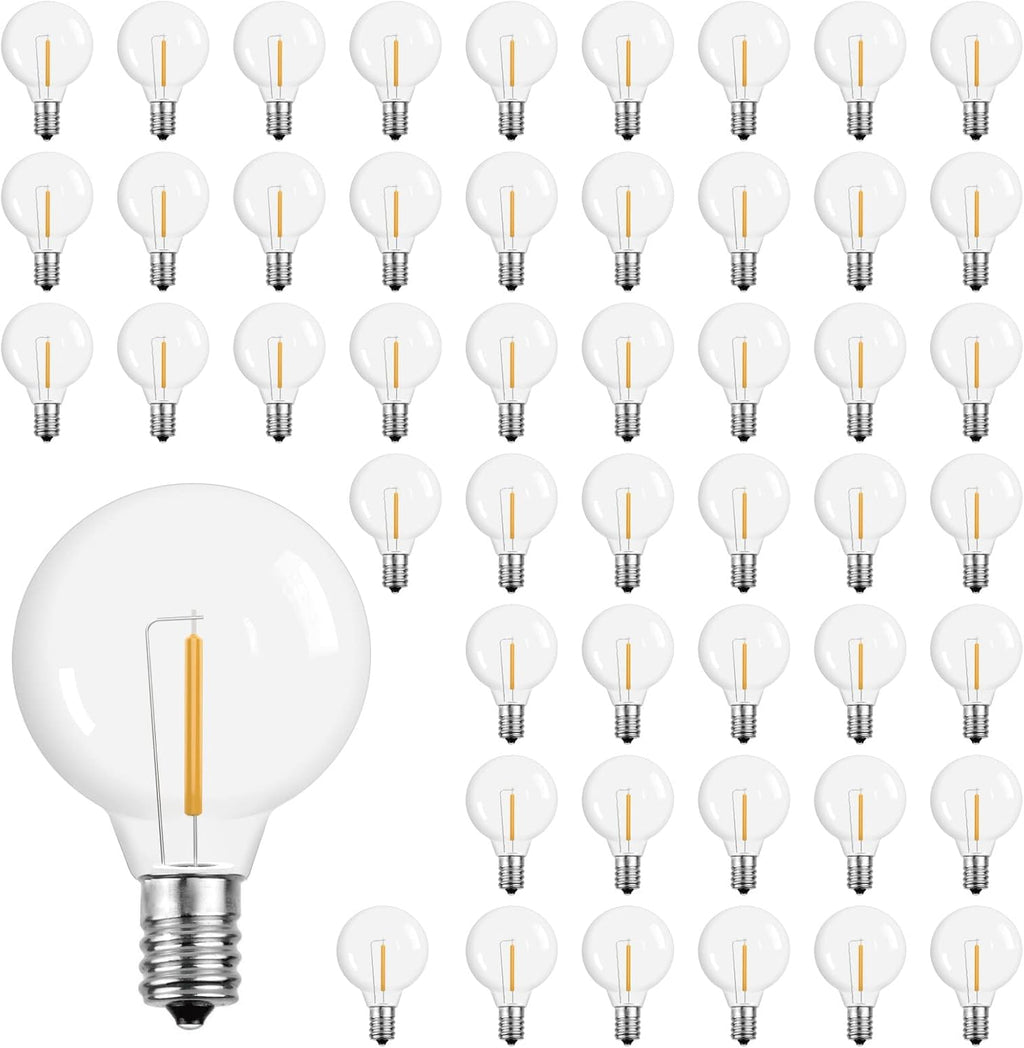 G40 LED String Light Bulbs,1.57 Inch Plastic LED Globe Patio Bulbs for Outdoor String Lights, E12 Candelabra Socket Base,1 Watt Equvalent to 5Watt Incandescent Bulbs,Warm White, 50Pack