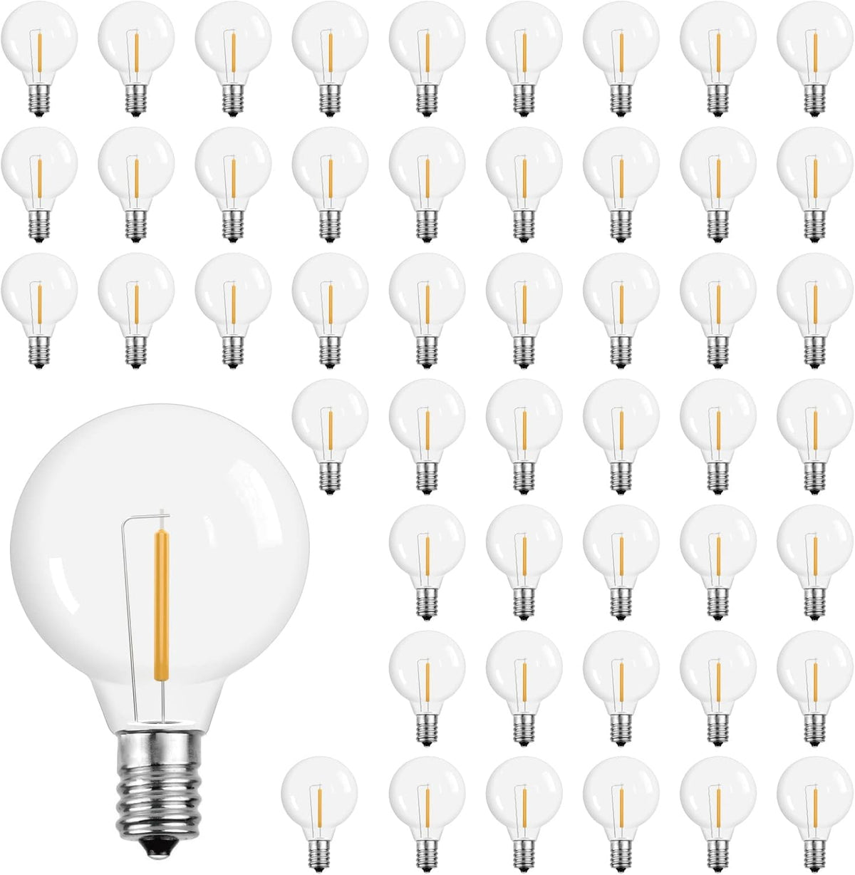 G40 LED String Light Bulbs,1.57 Inch Plastic LED Globe Patio Bulbs for Outdoor String Lights, E12 Candelabra Socket Base,1 Watt Equvalent to 5Watt Incandescent Bulbs,Warm White, 50Pack