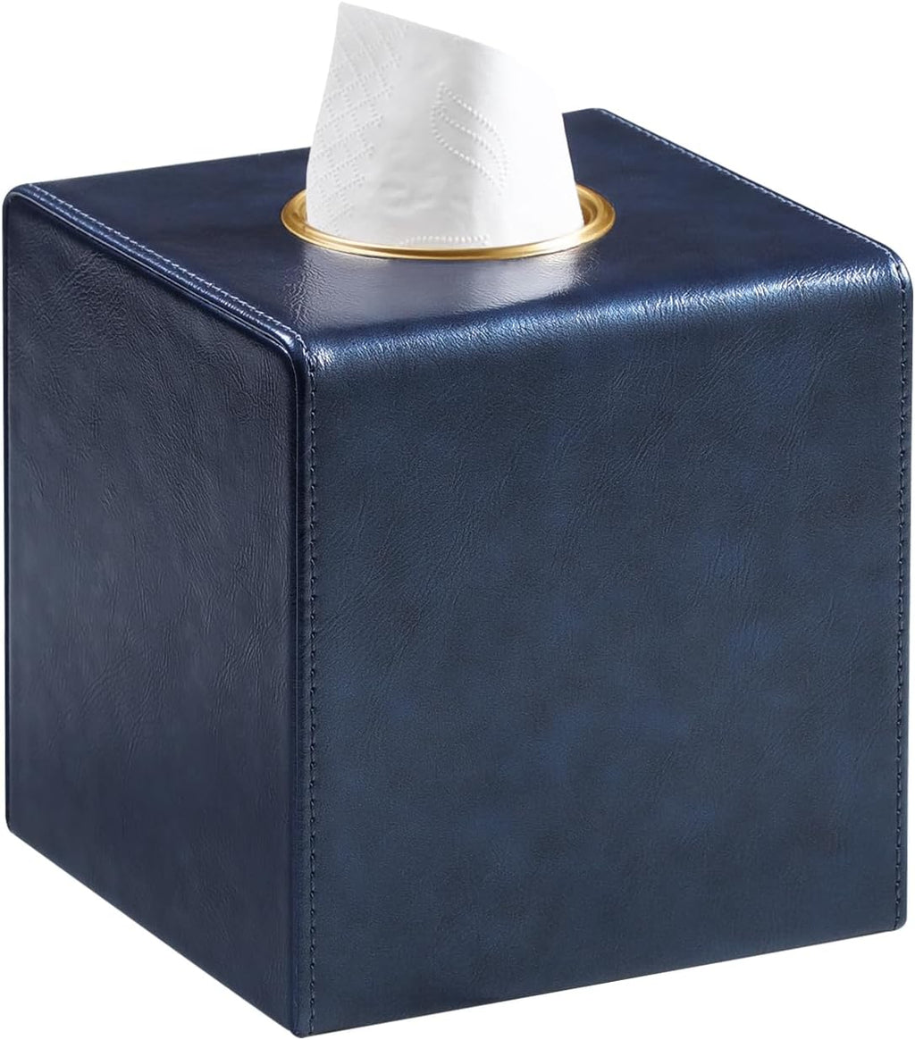 Square Tissue Box Cover with Magnetic Closure, Navy Blue