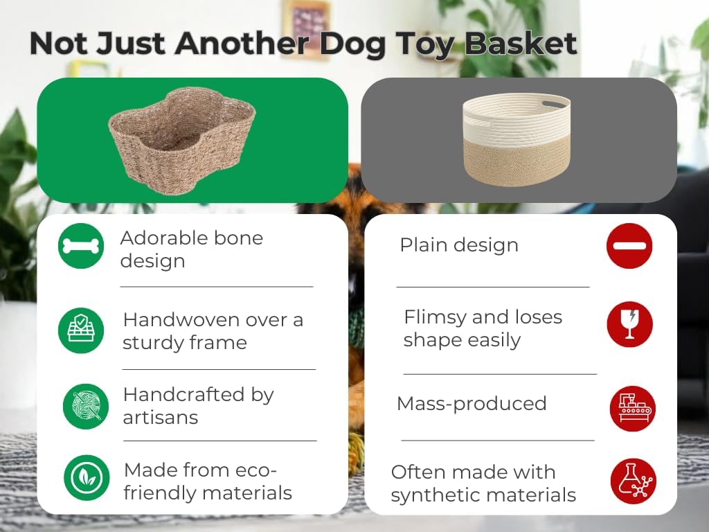 OtterPets Dog Toy Basket, Seagrass Bone Shaped Dog Toy Bin, 17x13”