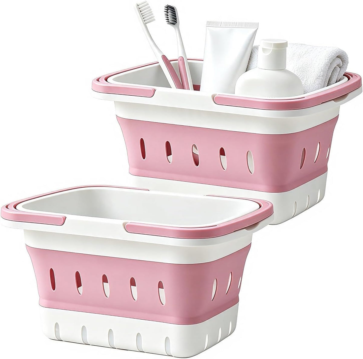 2 Pack Portable Shower Caddy Tote, Collapsible Plastic Storage Basket with Handles, Foldable Multifunctional Organizer for Bathroom, Kitchen, College Dorm, Gym, Travel and Camping, Pink