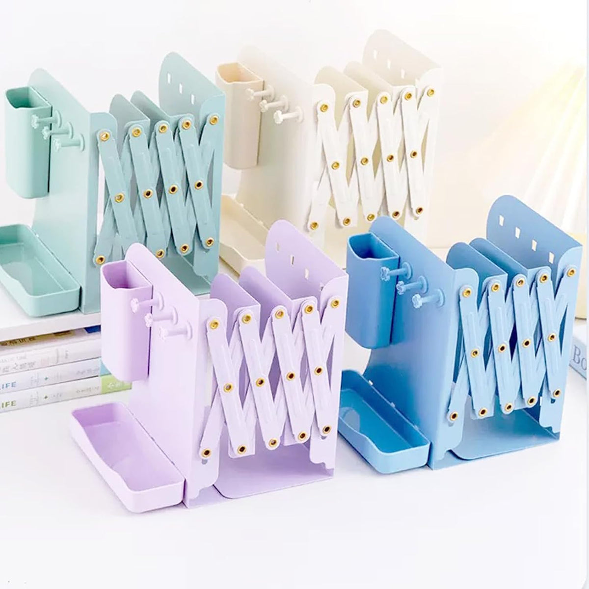 Adjustable Metal Bookends Heavy Duty for Shelves, 2 Dividers, Side Organzier, Anti-Slip Design Expandable Book Ends for Desk, Office(Blue, 18 inches Max)