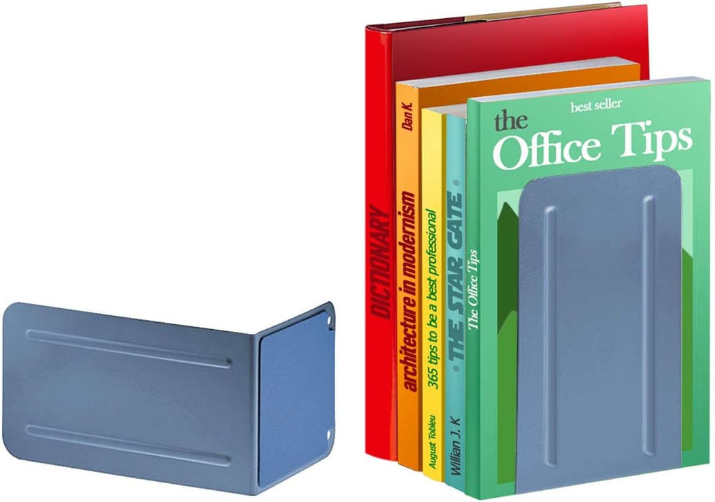 Acrimet Bookends for Shelves, Non-Skid Book Holder, Heavy Duty Book Stopper, Steel Metal Book Ends Storage for Home, Library, 6 7/8" H x 4" W x 4 1/2" D (Blue) (1 Pair / 2 Pieces)
