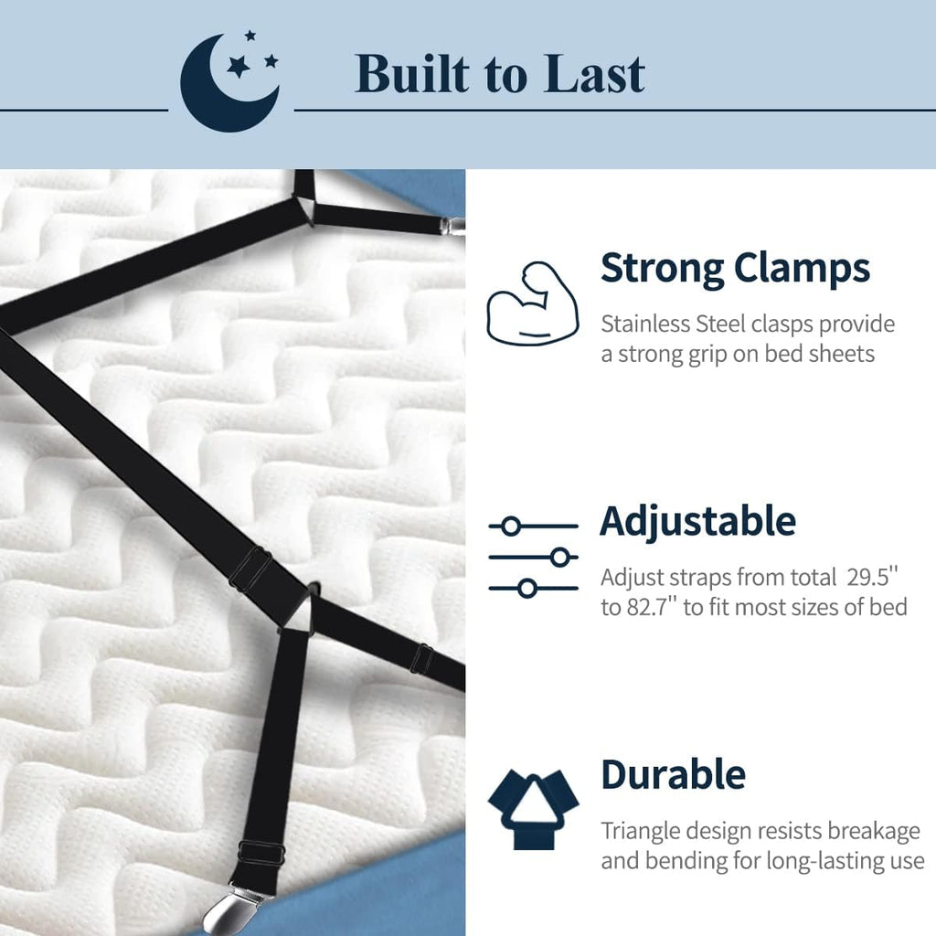 Sopito Sheet Straps, Adjustable Bed Sheet Suspenders Max Stretch from 29.5 in to 82.7 in Compatible for Crib to King Size Bed, Non Slip Holder Fasteners Clips, 2pcs/Black