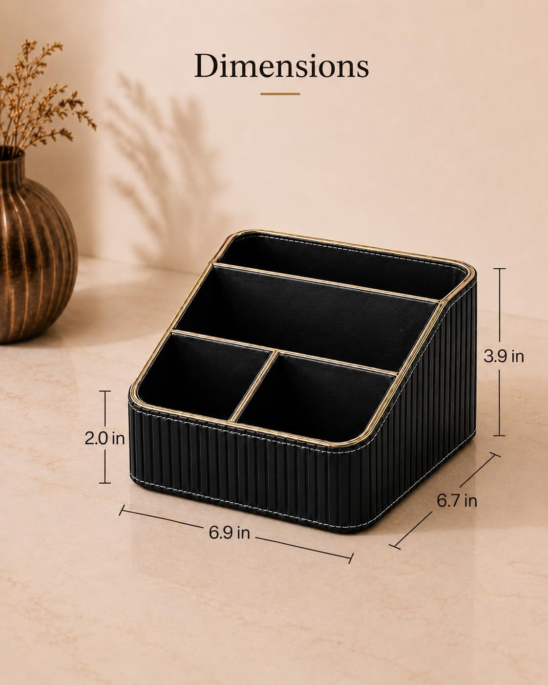 KINGFOM PU Leather Remote Control Holder, 4 Compartment Nightstand Organizer with Gold Trim, Small Desk Organizer for Office Supplies, Phone, Glasses, Pens, Bedside Table, Living Room Decor Black