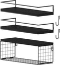 Black Floating Shelves with S Hooks, Wall Mounted Bathroom Shelves Over Toilet with Toilet Paper Basket, Bathroom Organizers and Storage, Small Corner Shelf for Bedroom Home Room Wall Decor