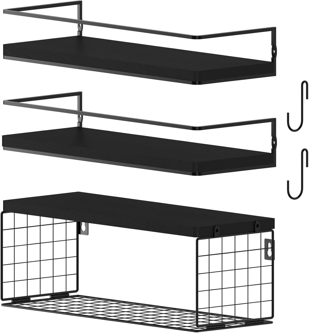 Black Floating Shelves with S Hooks, Wall Mounted Bathroom Shelves Over Toilet with Toilet Paper Basket, Bathroom Organizers and Storage, Small Corner Shelf for Bedroom Home Room Wall Decor
