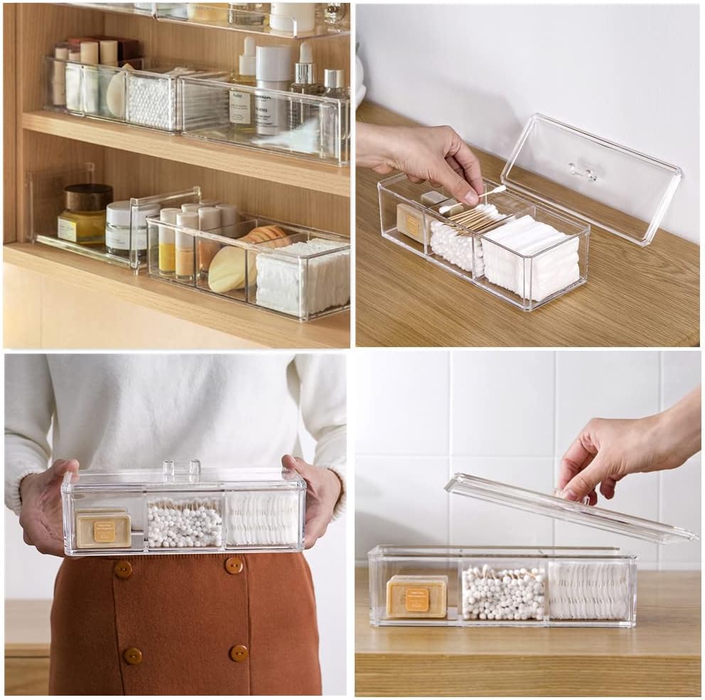 UTTH-DTTK Clear Cotton Ball and Swab Holder 3 Divided Compartments with Lid, , Waterproof Bathroom Organizers Small Plastic Storage Containers, Vanity Makeup Organization (A)