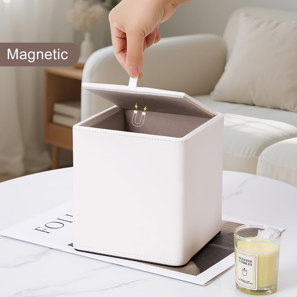 KINGFOM Leather Tissue Box Cover – Square Modern PU Leather Tissue Holder, Cube Tissue Dispenser for Home, Office, Bedroom, Bathroom – Elegant Minimalist Style (Ivory White-Square)