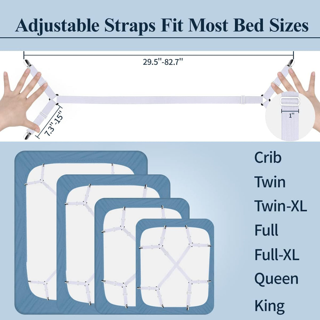 Sopito Sheet Straps, Adjustable Bed Sheet Suspenders Max Stretch from 29.5 in to 82.7 in Compatible for Crib to King Size Bed, Non Slip Holder Fasteners Clips, 2pcs/White